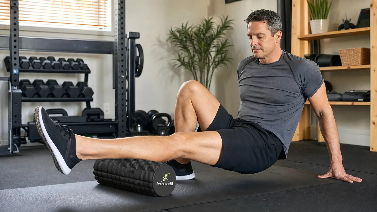 Close-up of a ProsourceFit foam roller positioned under a person's IT band as they lie on their side on a gym mat