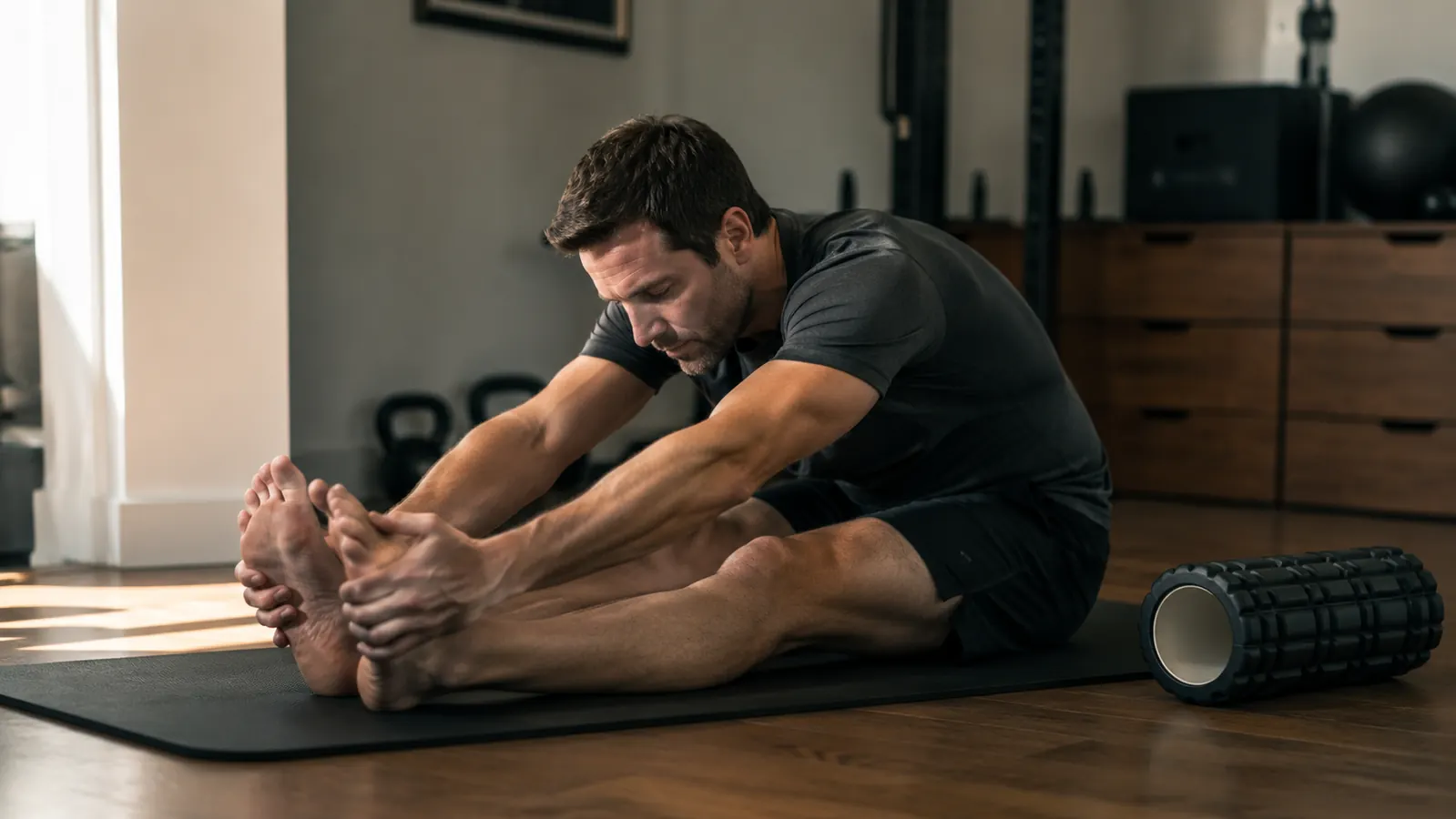 Person foam rolling their thoracic spine with arms crossed over chest, lying over the roller on a gym mat