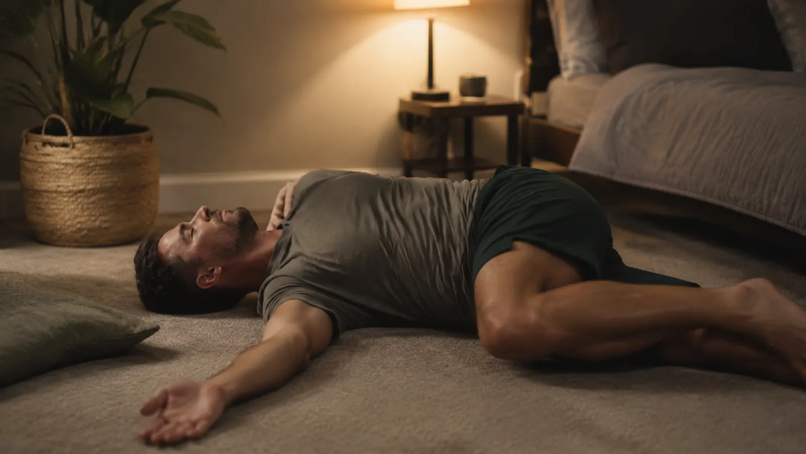Man sitting on the floor of a garage gym stretching after a workout, relaxed posture