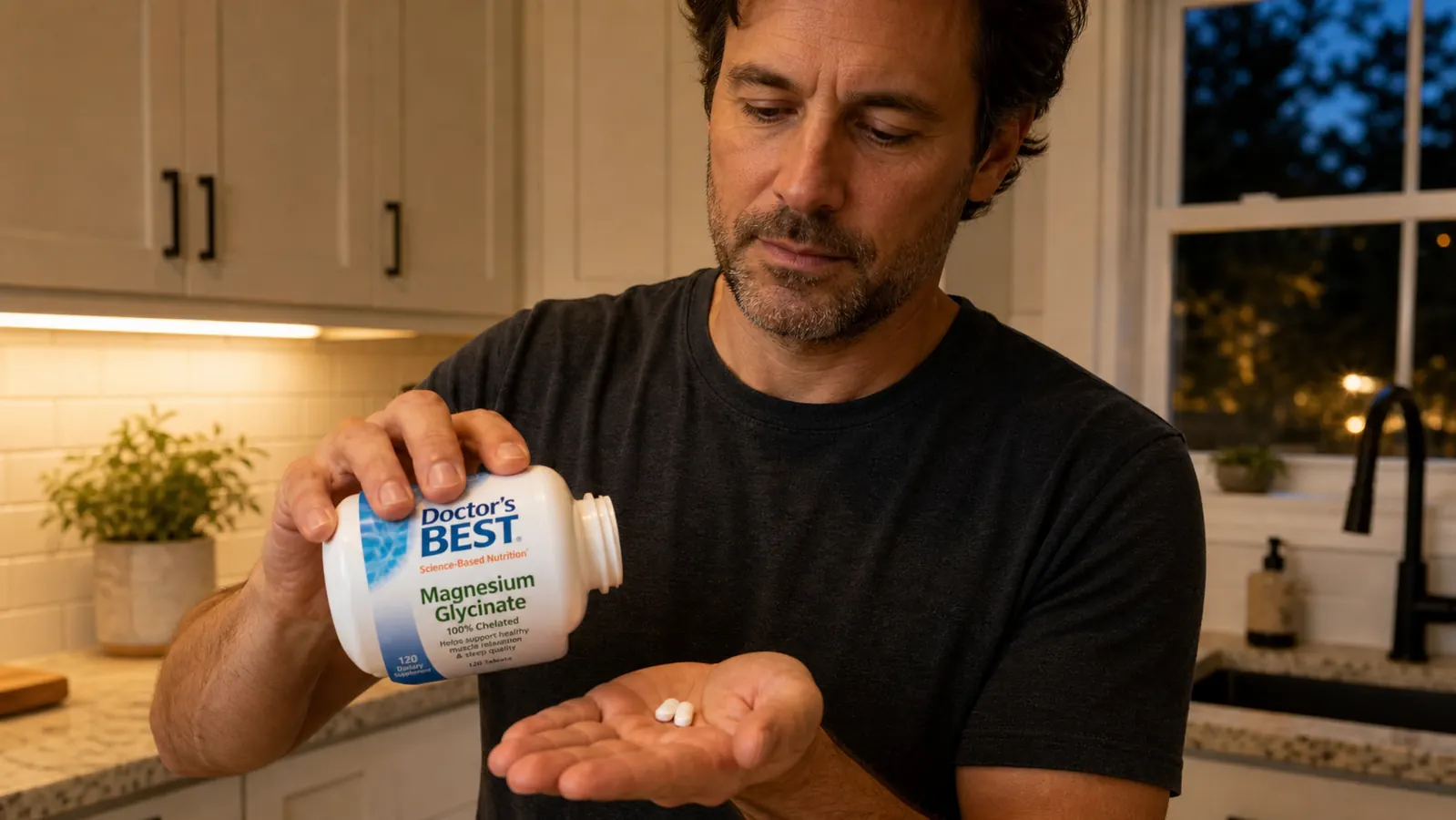 Hand holding two large white magnesium glycinate tablets with a glass of water on a nightstand