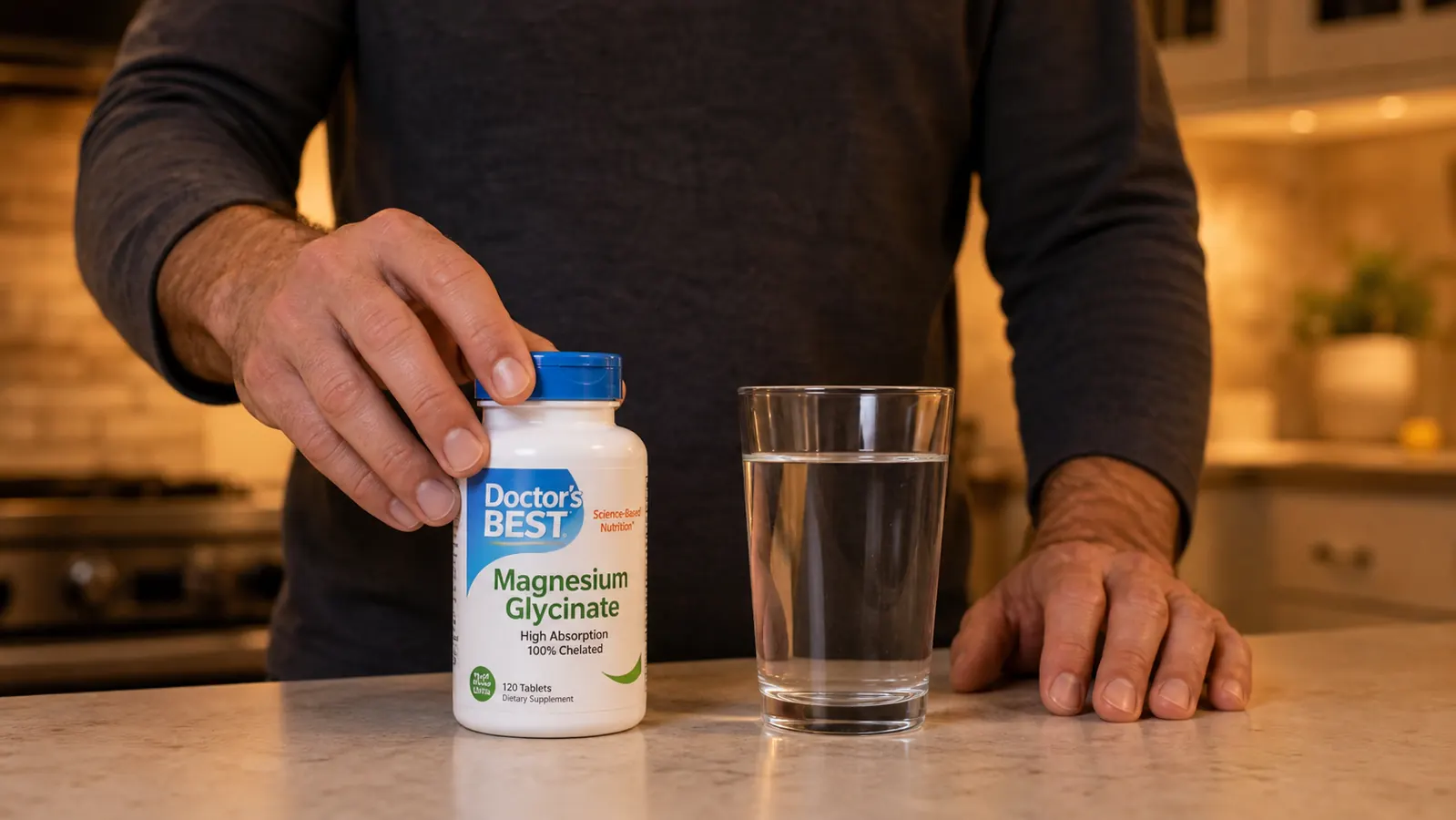Hand holding two Doctor's Best Magnesium Glycinate tablets before bed