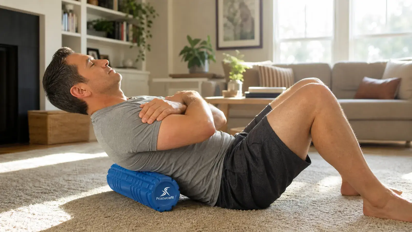 Close-up of a man pressing his quad down onto a purple ProsourceFit foam roller on a gym floor