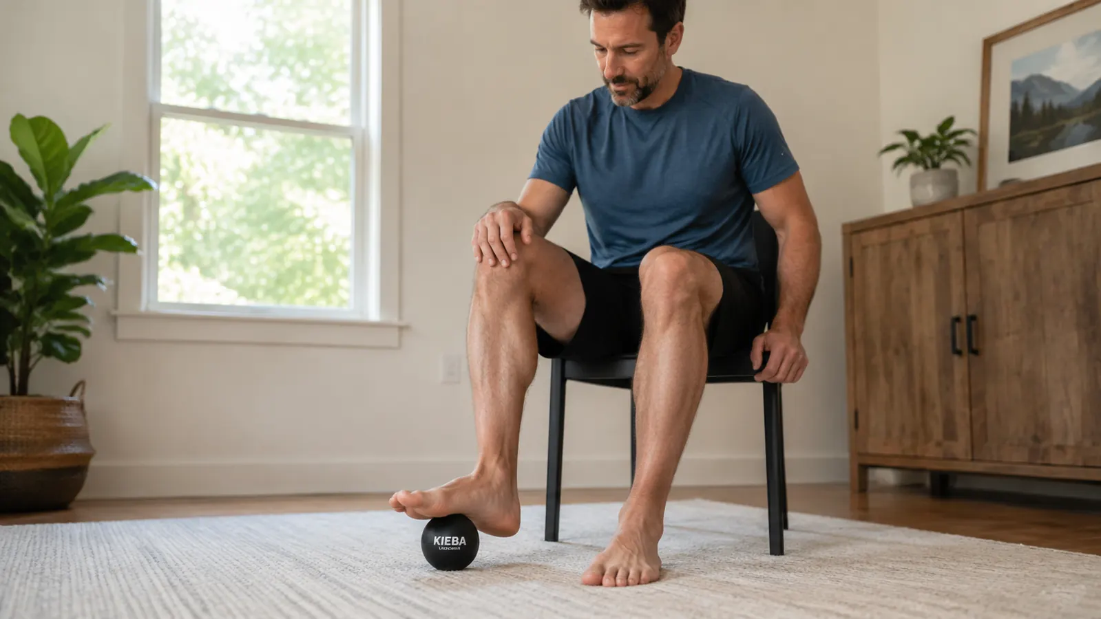 Close-up of a lacrosse ball positioned under the arch of a bare foot on a hardwood floor