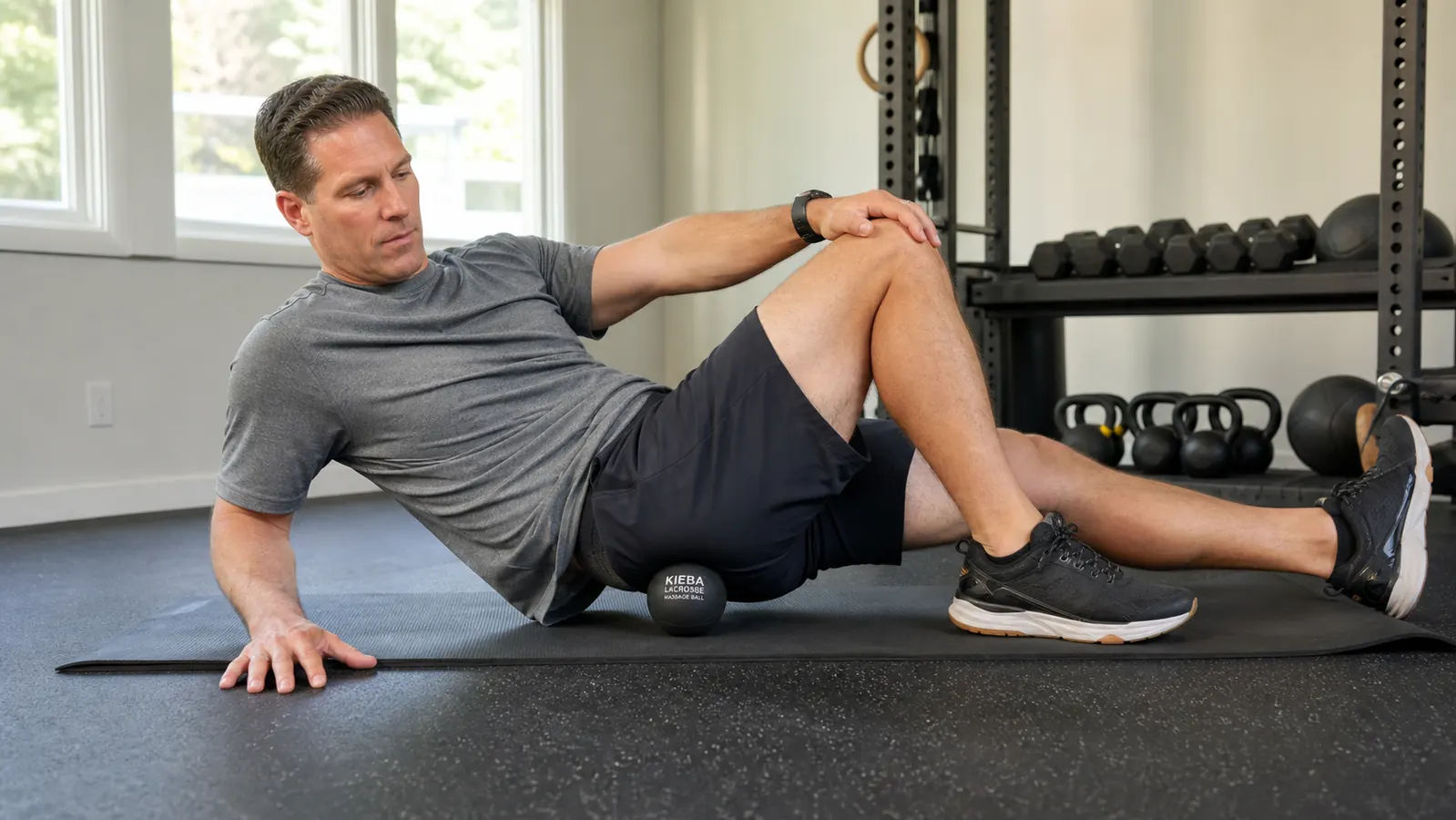 Man pressing a lacrosse massage ball into his upper back against a concrete wall