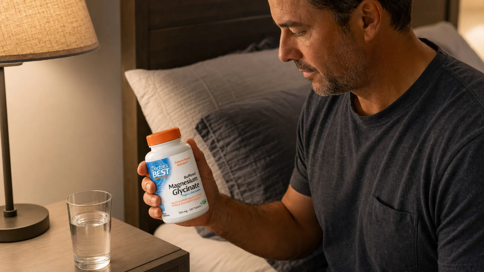 Hand placing two magnesium glycinate tablets onto a palm next to a glass of water on a nightstand