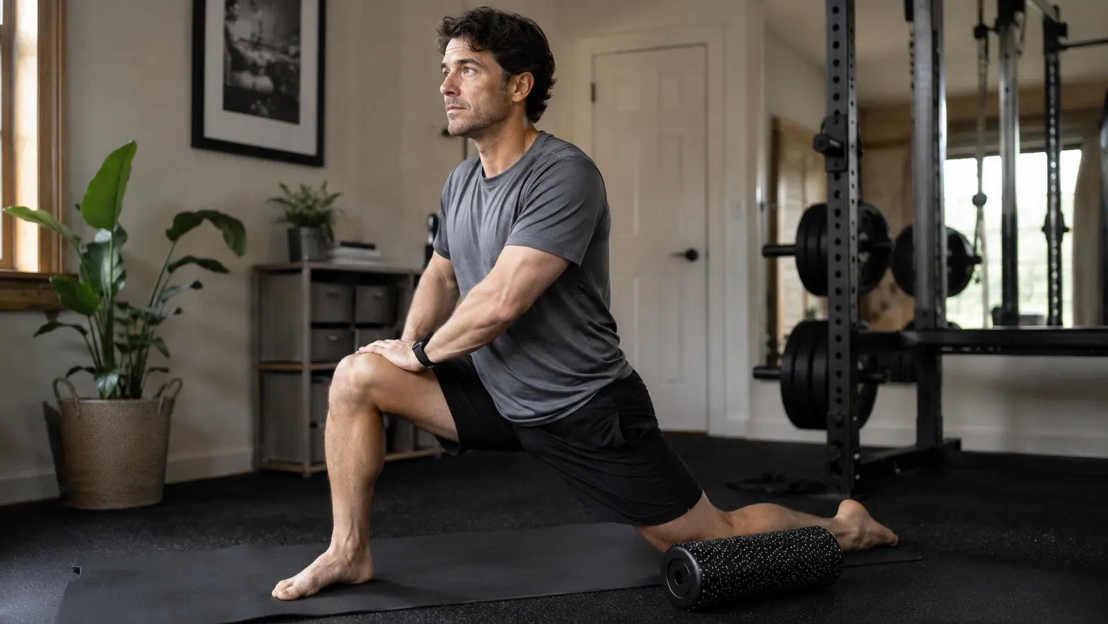 Man using a foam roller on his quad muscles after a trail run, sitting on a porch with running shoes beside him