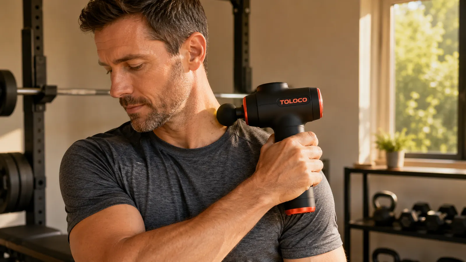 Hand pressing massage gun flat head against upper back trapezius area with slight wince on face