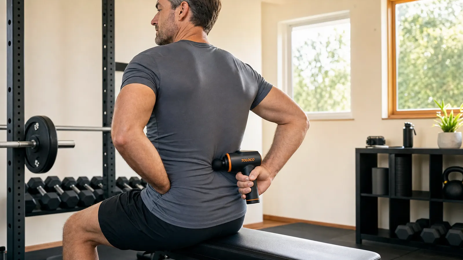 TOLOCO massage gun being pressed into the lower-back erector muscles on a workout bench